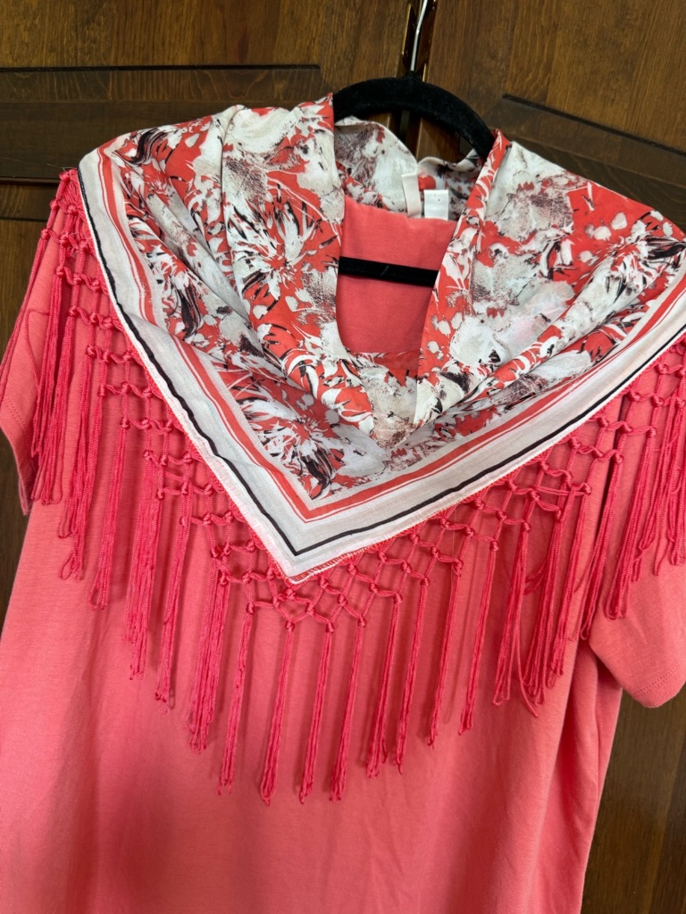 Cato Boho Coral Fringe Top with Detachable Scarf - Western